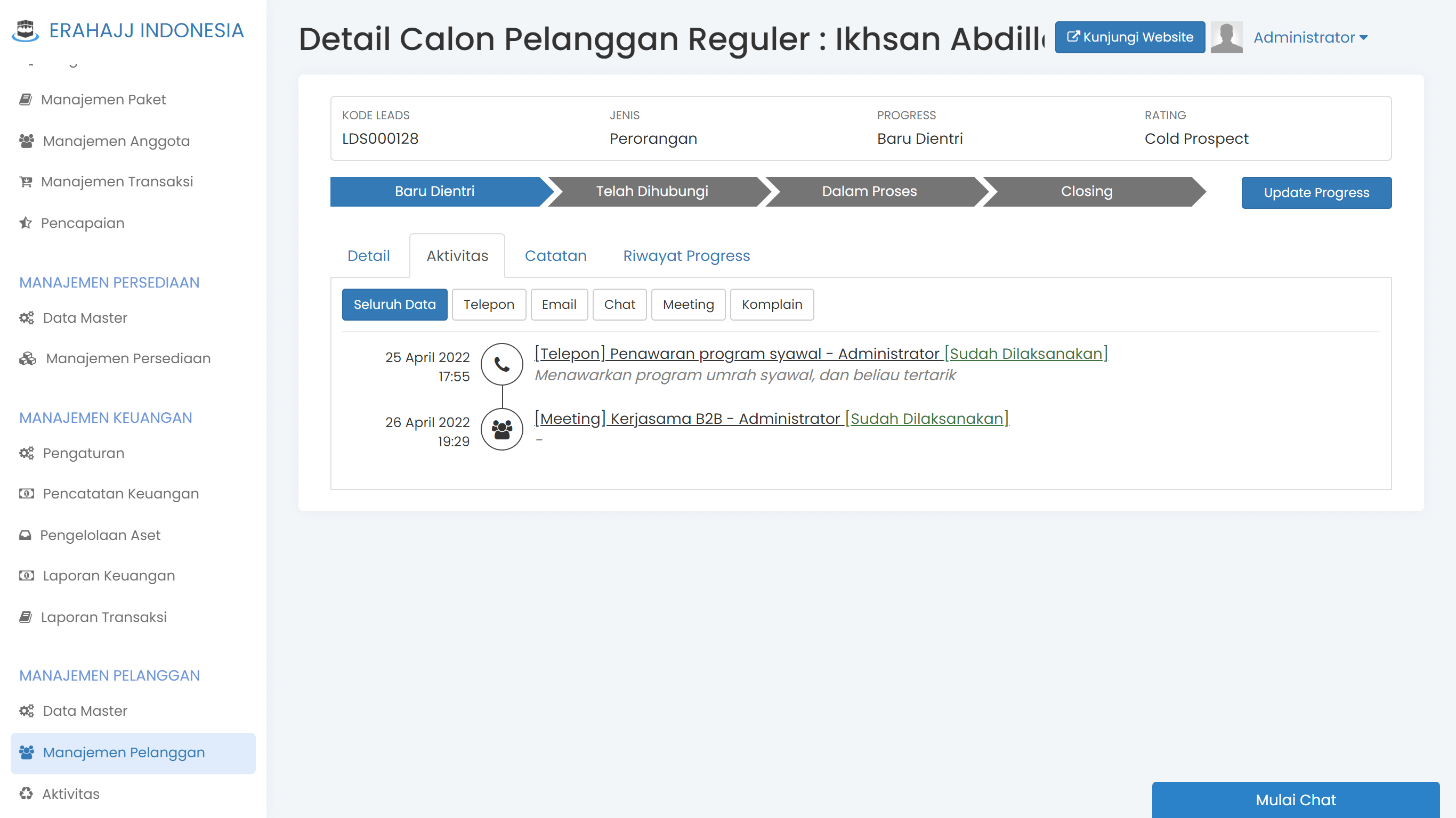 Layar riwayat follow up calon jamaah di CRM Erahajj