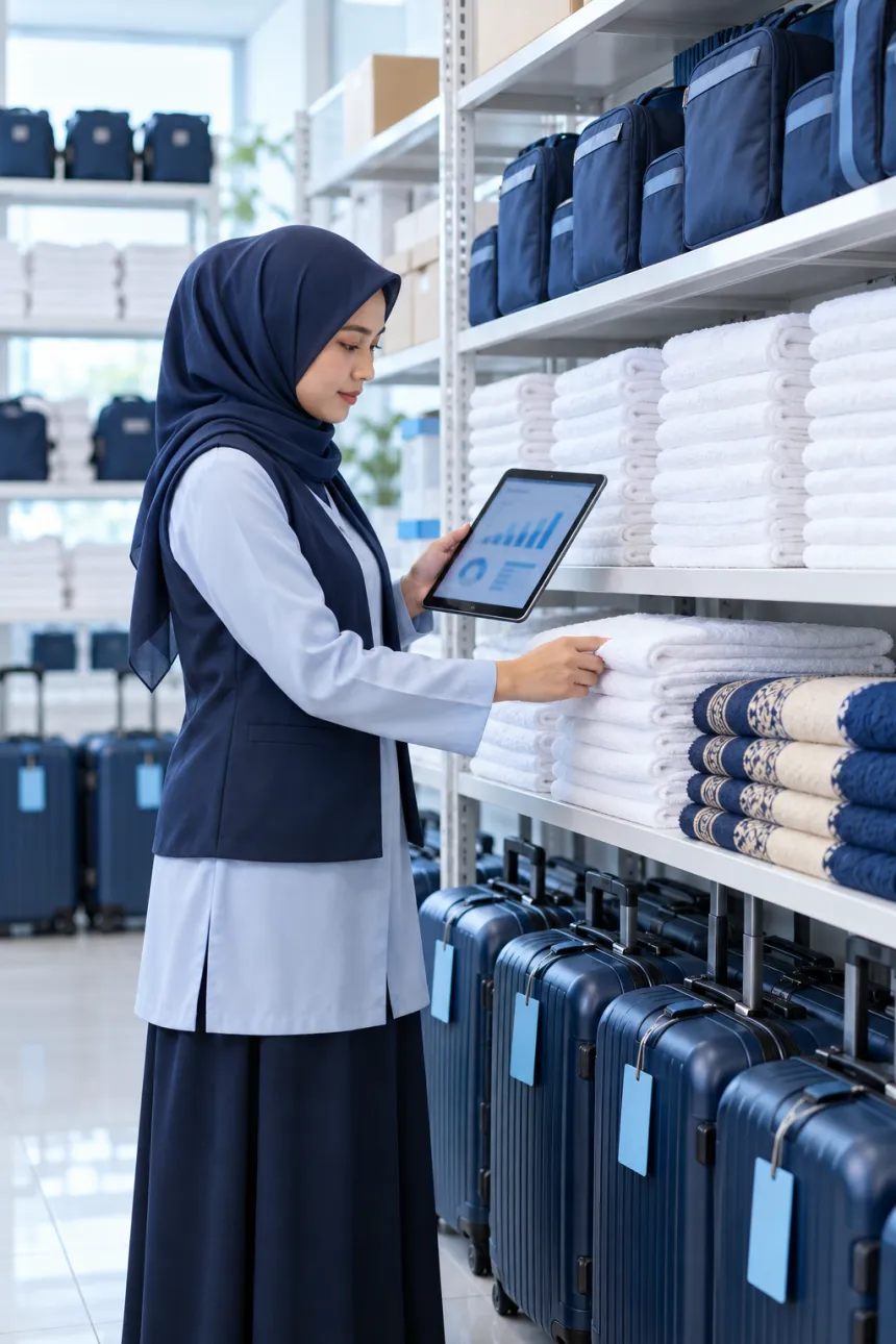 Petugas gudang travel memeriksa stok perlengkapan jamaah dengan tablet