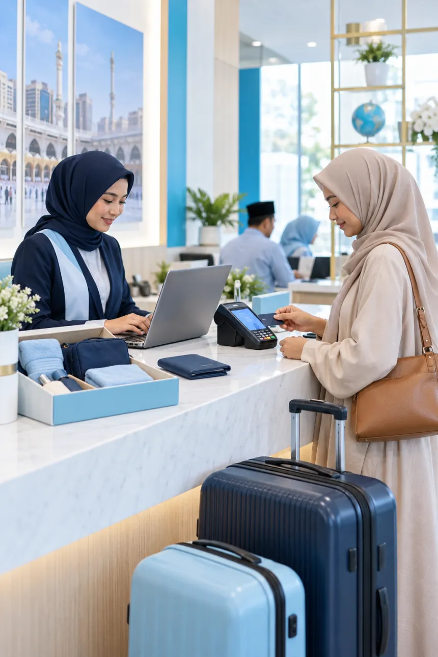 Pendaftaran dan pembayaran jamaah di meja registrasi travel